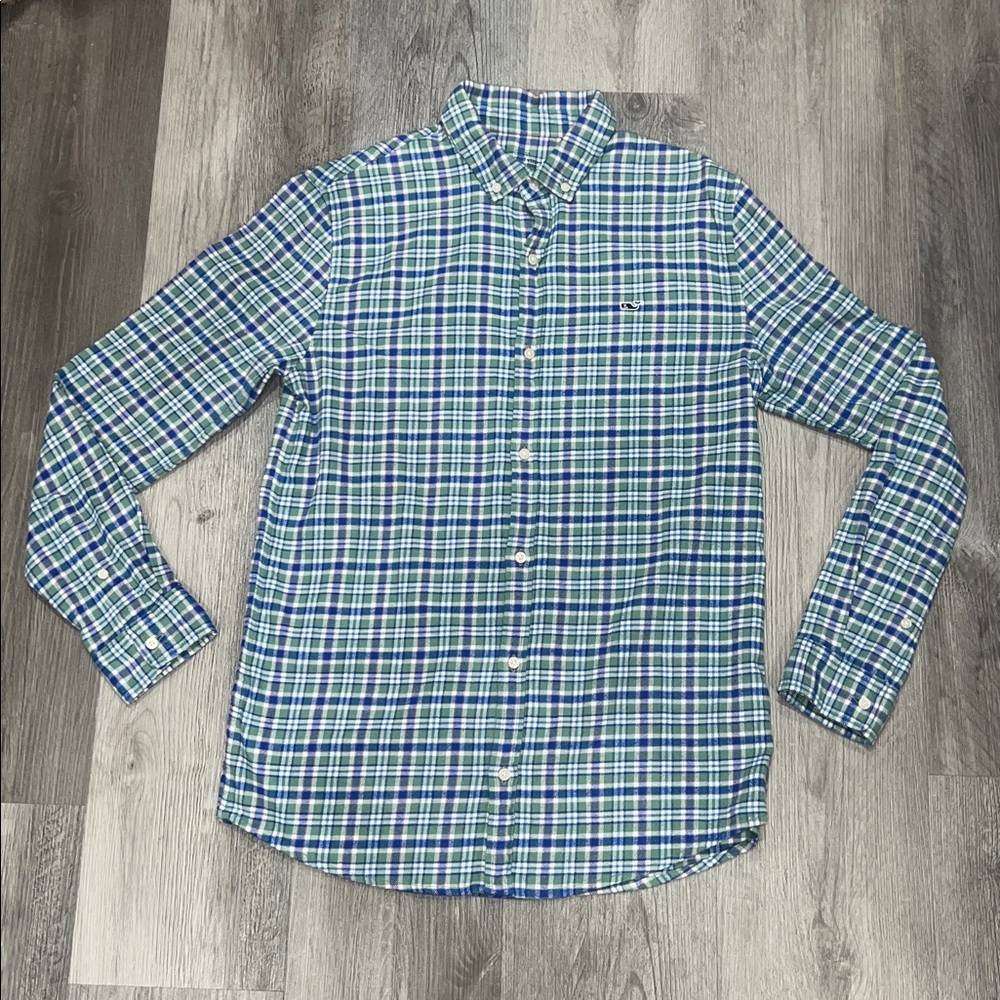 Boys Vineyard Vines Blue Plaid Button Down Flannel Shirt, size XL